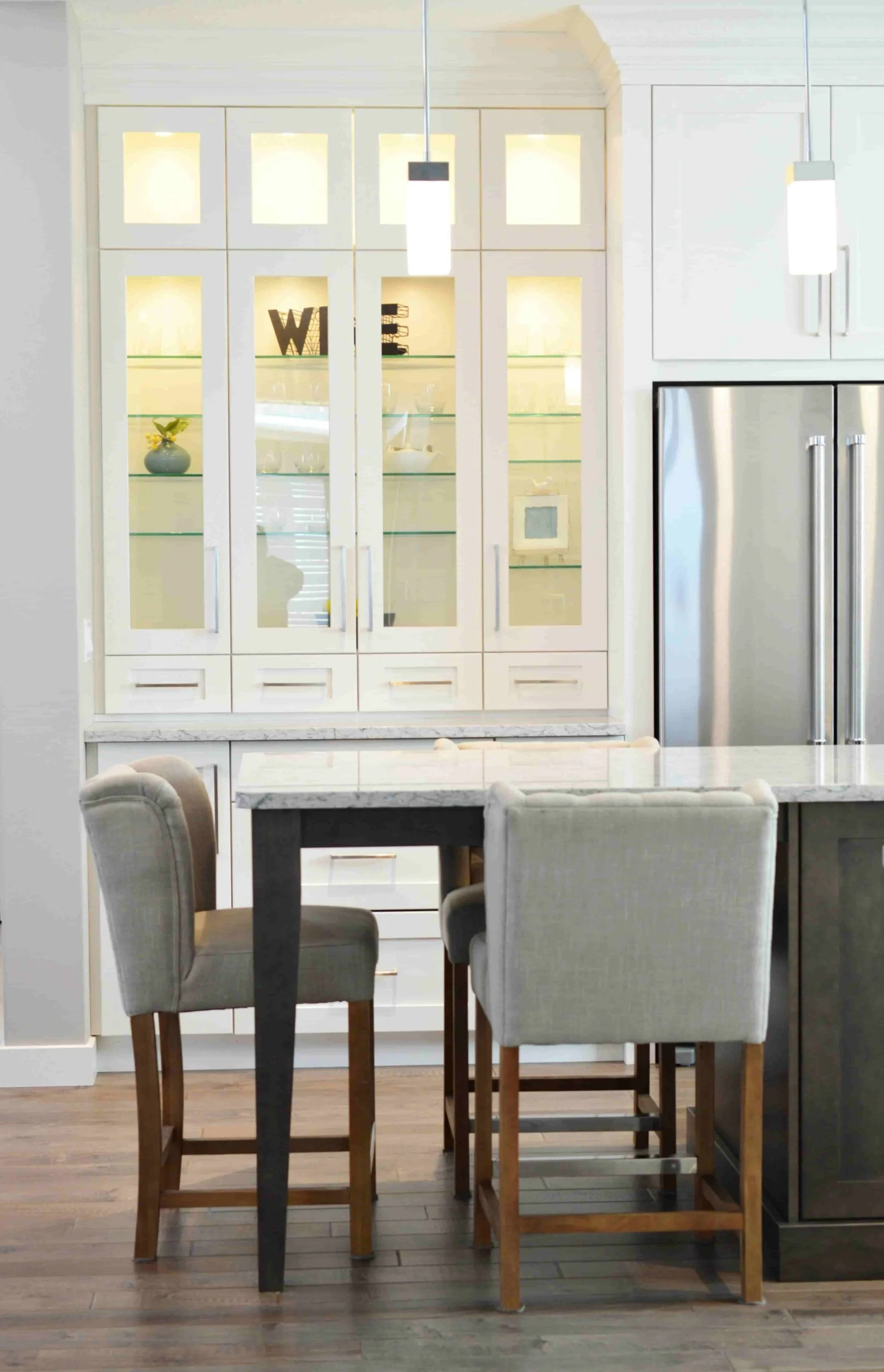 Antique wooden floorboards in a modern kitchen